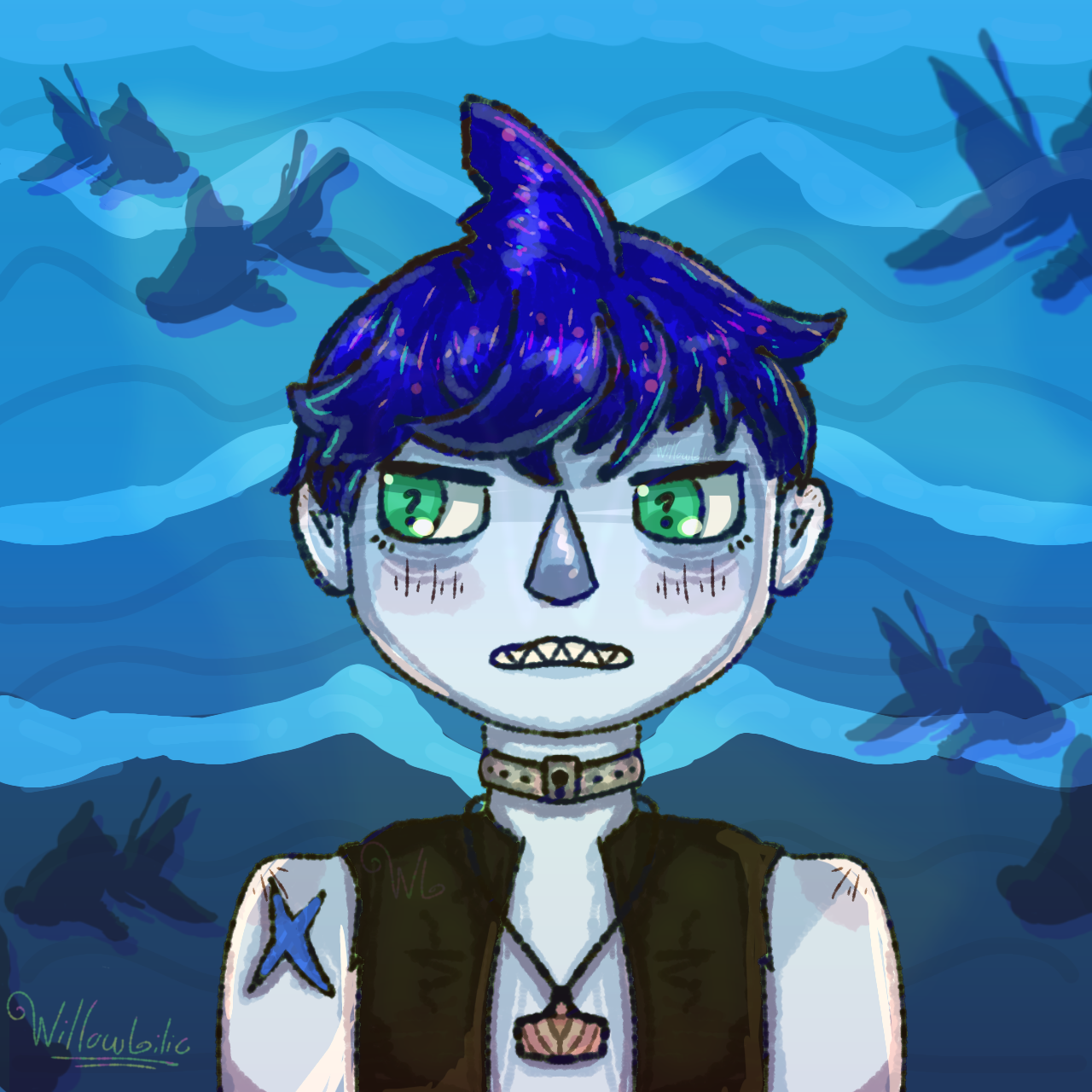 boy with shark fin on head